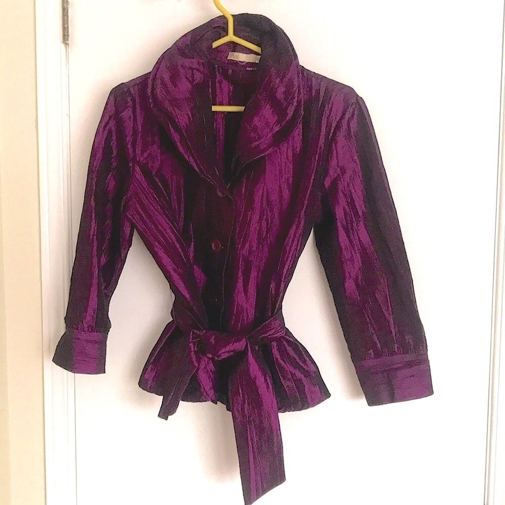 BURGUNDY polyester belted blouse with 3/4 length sleeves Size medium